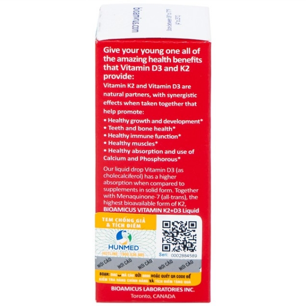 Ảnh của [HÀNG NHẬP KHẨU]  Dung dịch Bioamicus For Infants And Children Vitamin K2 And D3 hỗ trợ tốt cho xương, răng của bé (10ml)