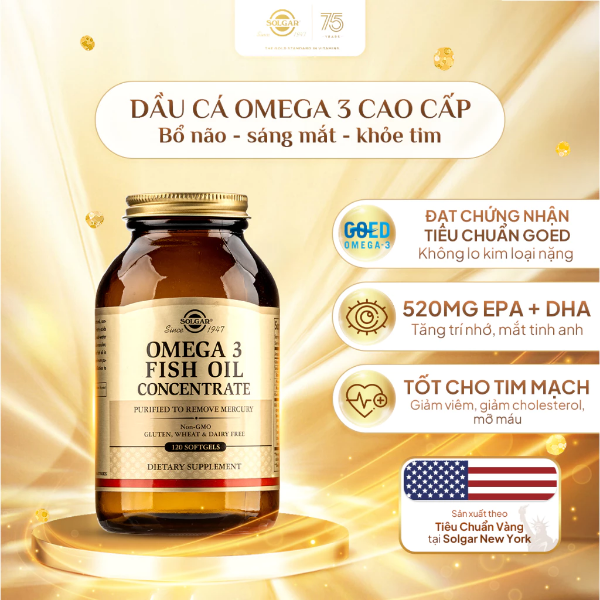 Ảnh của [HÀNG NHẬP KHẨU] Viên dầu cá Solgar Omega 3 Fish Oil hỗ trợ giảm mỡ máu, tốt cho mắt và não bộ (Chai 120 Viên)